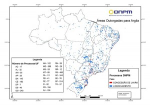 Figura 02: Mapa dos direitos minerários de extração de argilas no Brasil (Concessão de lavra e licenciamentos) Fonte: CGTIG/DNPM